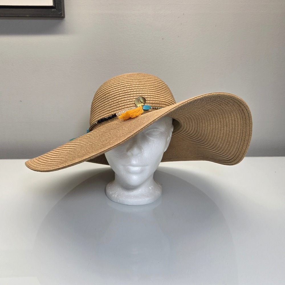 Magid Hats Wide Brim Sun Hat OS Paper Straw Floppy Boho Tassel Beach Resort Wear